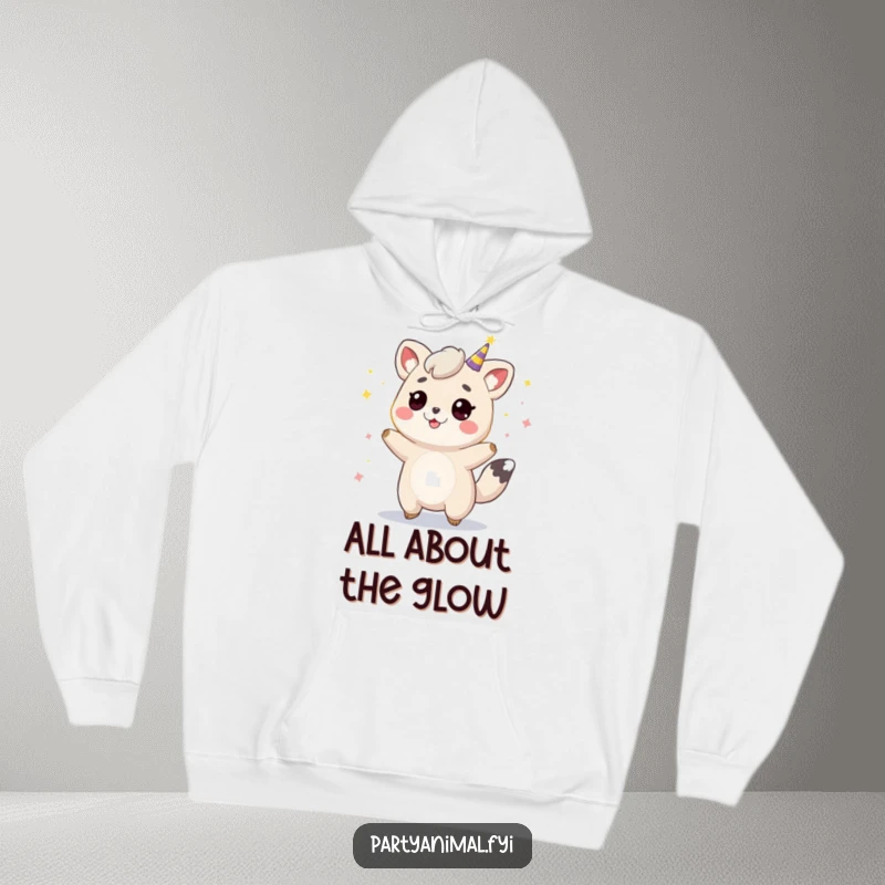Funny animal character energetically bouncing amidst glowing party lights, offering warmth and humorous festive vibes in a soft hoodie.