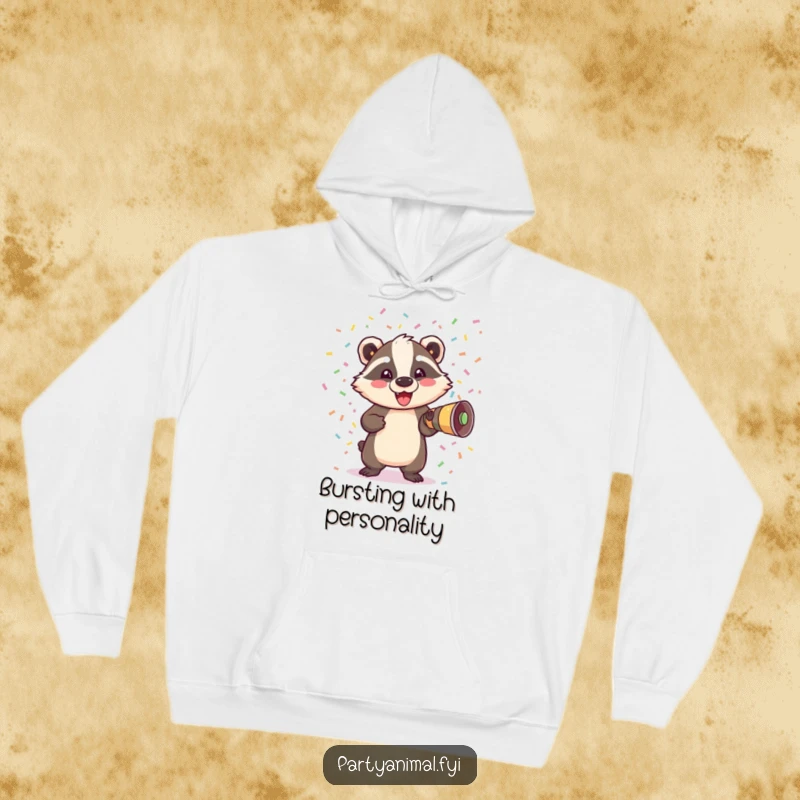 Funny Badger Hoodie: A delighted badger emerges from a confetti cannon, surrounded by a vibrant explosion of paper and joy.