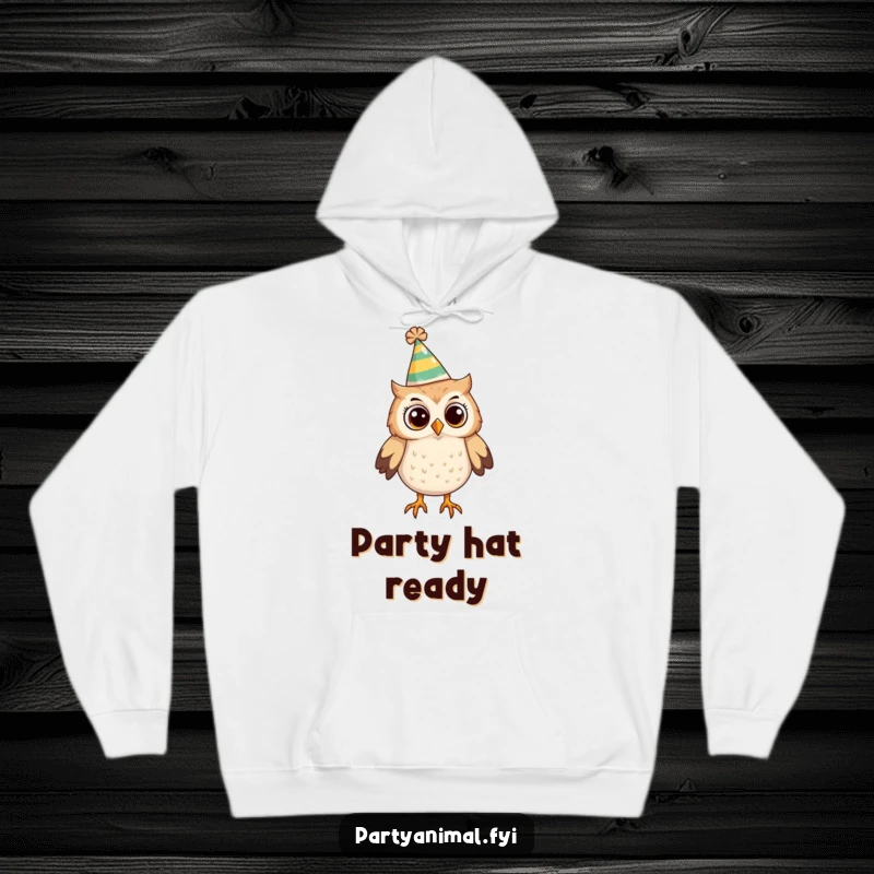 Funny Owl Hoodie: A curious owl with a funny party hat peeks around, exuding warmth, wisdom, and a playful party vibe.