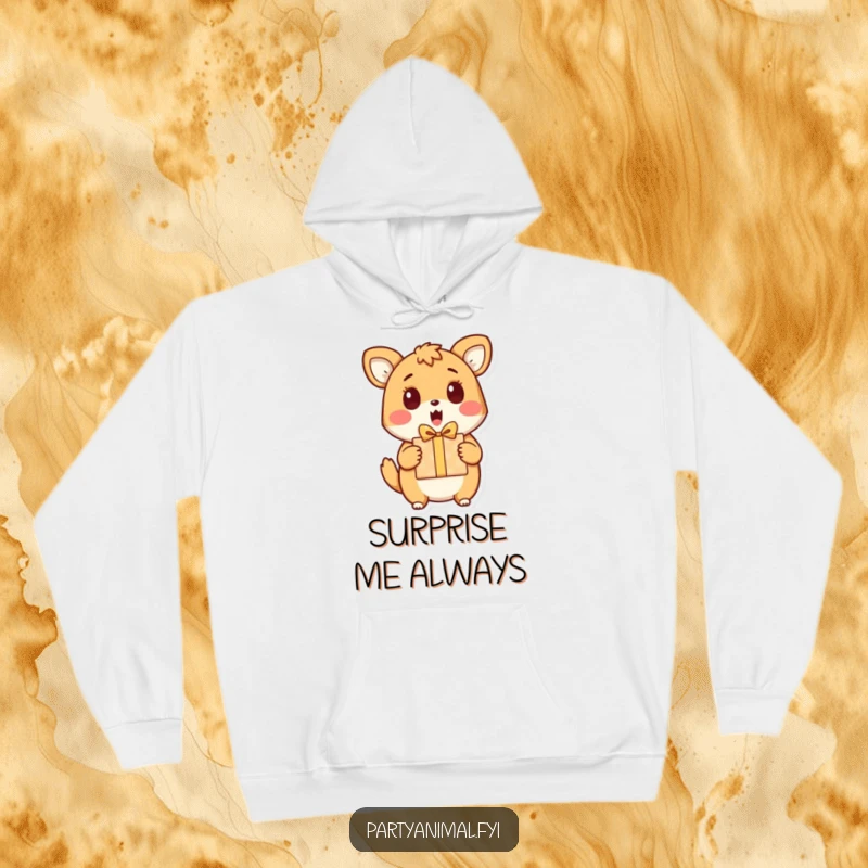 Funny hoodie showcasing an animal character’s comically surprised face as they receive a beautifully wrapped gift.