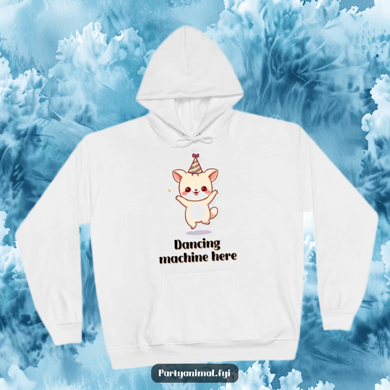 Funny Hoodie: A cute, dancing animal character wearing a party hat, perfect for cozy celebrations and spreading festive cheer.