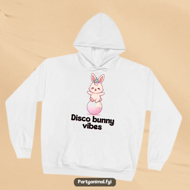 Funny hoodie showing a fluffy pink bunny in a party hat, joyfully bouncing on a disco ball with pure enthusiasm.