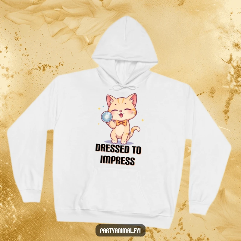 Funny Cat Bow Tie Disco Ball Hoodie: A playful cat adorned with a bow tie bats at a glittering disco ball, perfect for cozy, stylish evenings.