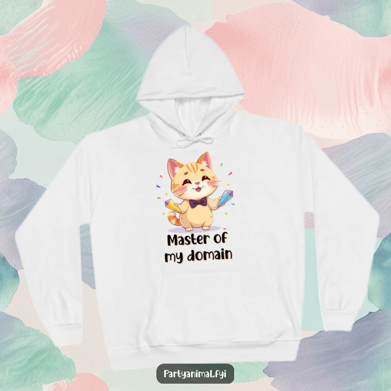 Funny hoodie depicting a stylish cat wearing a bow tie, balancing three colorful confetti cones with a playful, juggling stance.