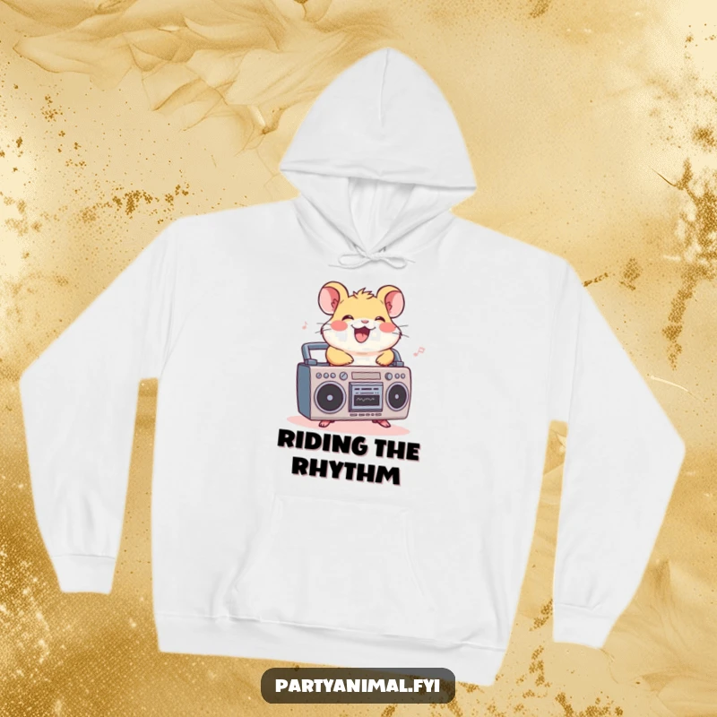 Funny hoodie featuring a cheerful hamster riding a boombox, grooving to music, perfect for music lovers who enjoy a laugh.