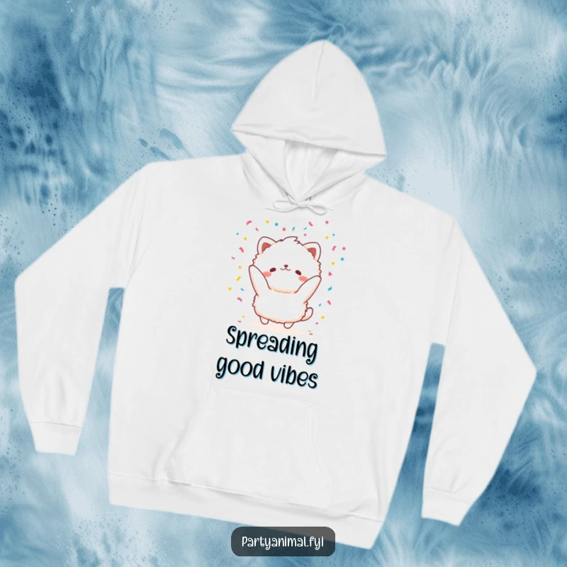 Comfortable funny hoodie with a fluffy animal character joyfully throwing confetti, offering warmth and festive cheer.