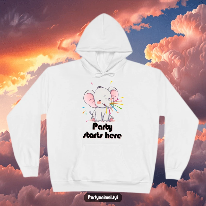 Funny Kawaii Elephant Hoodie: Cute elephant spraying streamers, radiating warmth, comfort, and party cheer.