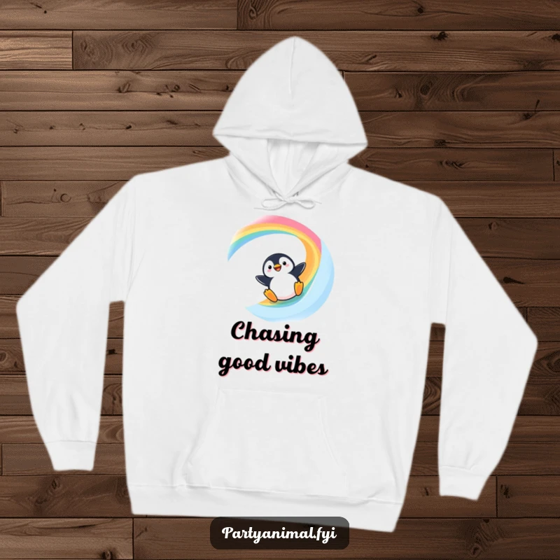 Funny Kawaii Penguin Hoodie: Cute penguin sliding down a colorful rainbow, a heartwarming and humorous design.