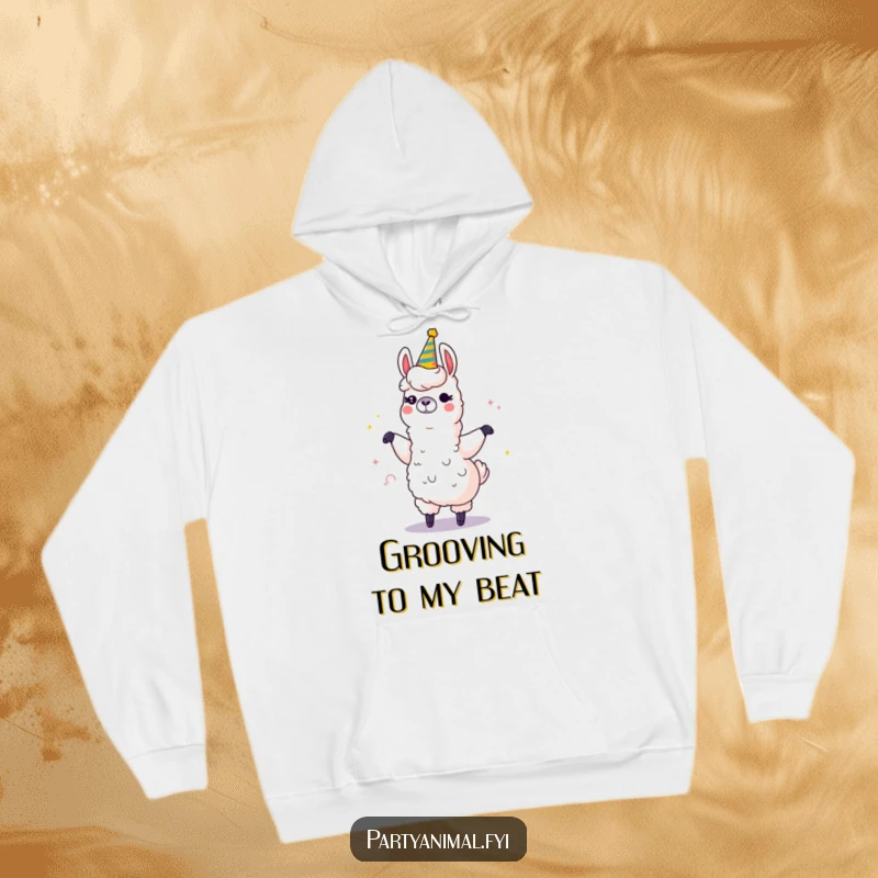 Funny hoodie featuring a winking llama character dancing exuberantly with a giant, glittering party horn, perfect for festive warmth.