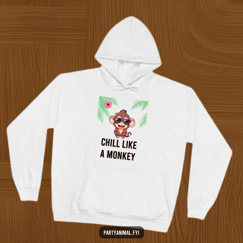 Funny joyful monkey character wearing cool sunglasses and a lei on a comfortable, humorous hoodie.