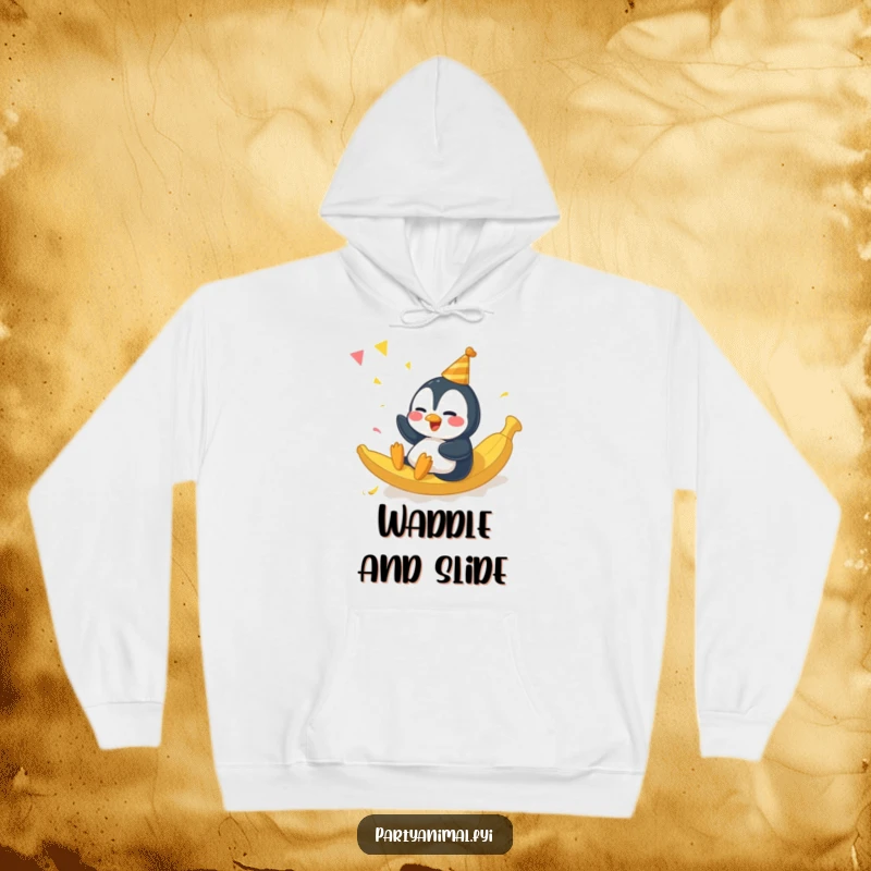 Funny giggling penguin character sliding on a banana peel at a party, featured on a comfortable, humorous hoodie.