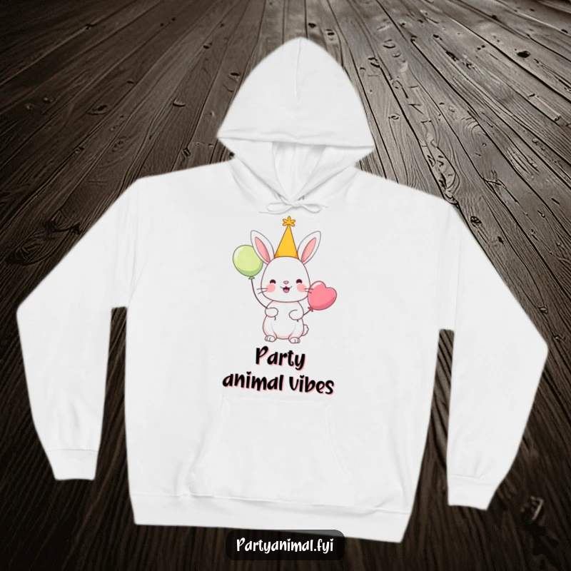 Funny hoodie showing a cheerful rabbit character wearing a party hat and holding a balloon, radiating happiness and celebration.