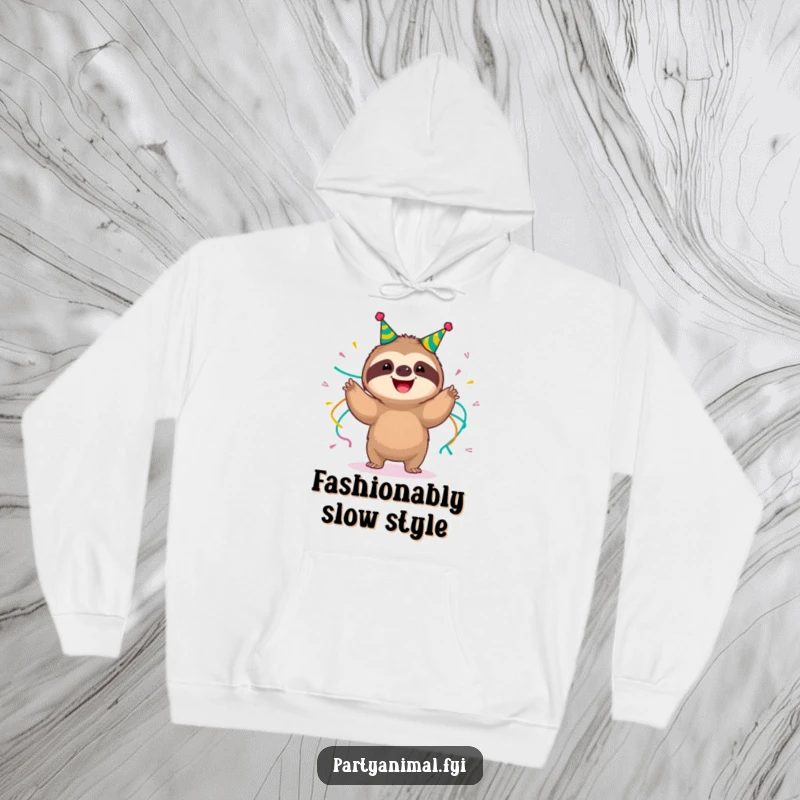 Funny happy sloth wearing party streamers, doing a slow-motion shimmy on a hoodie, offering comfort and relaxed humor, an excellent funny gift.