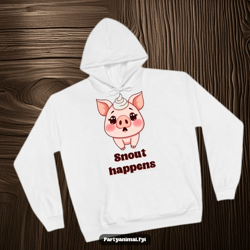 Funny hoodie showcasing a wide-eyed, surprised pig with its entire nose covered in sweet cake frosting, a comical sight.