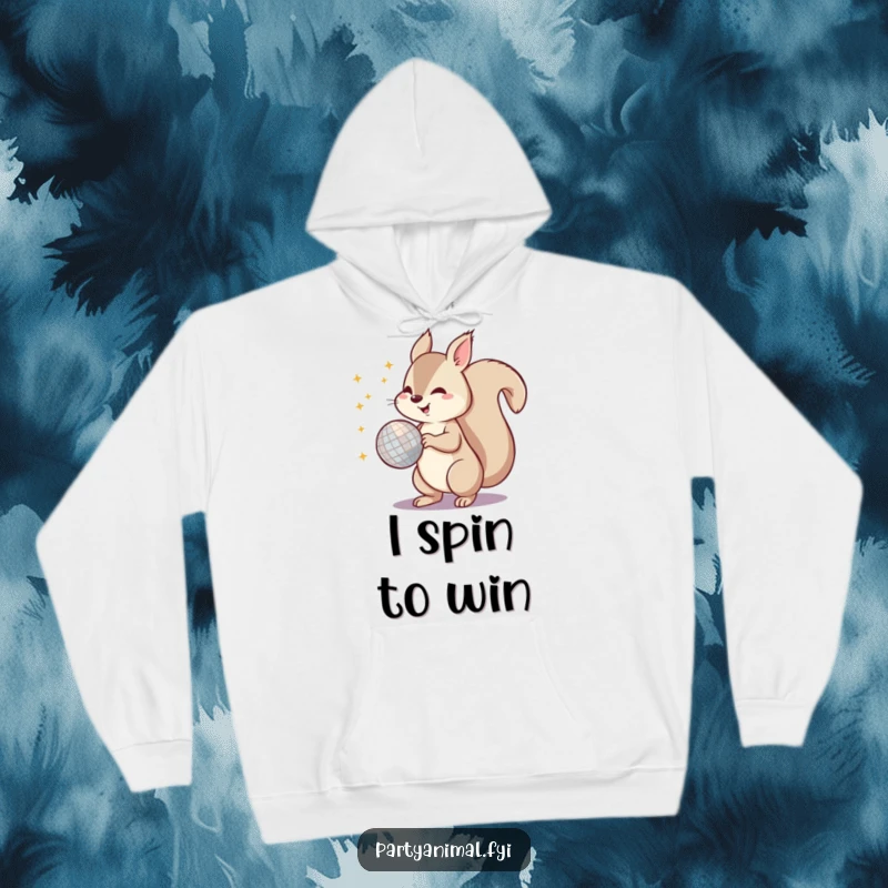 Funny hoodie featuring an energetic squirrel spinning a glittery disco ball with its tail, ready for a night of dancing fun.