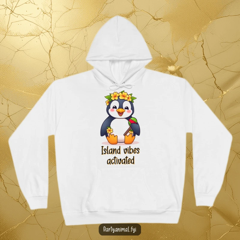Funny hoodie featuring a penguin wearing a lei and holding maracas, perfect for cozy tropical parties.