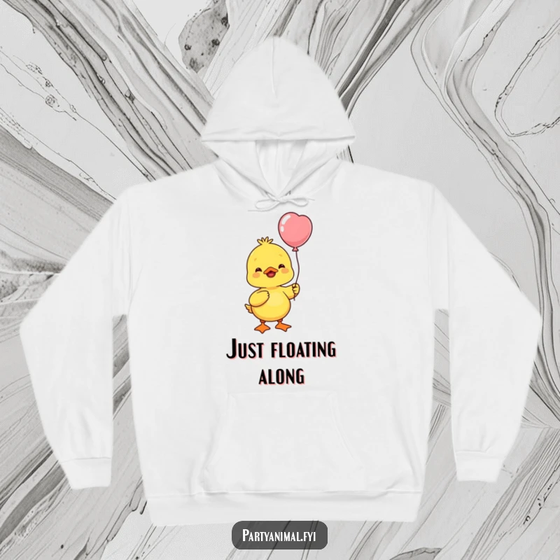 Funny yellow duck character holding a balloon, cheerfully bobbing its head, bringing cozy and happy vibes.