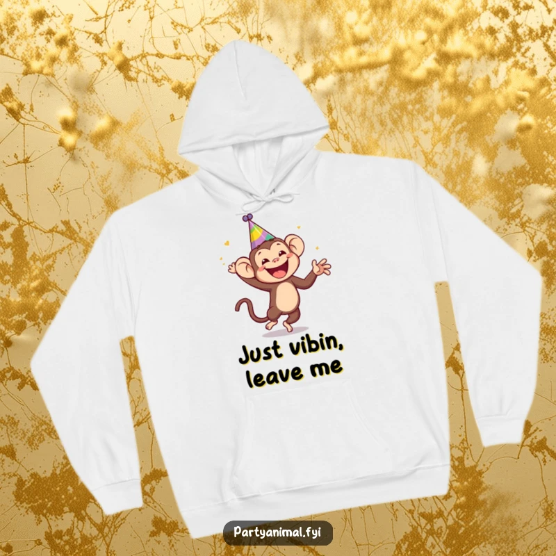 Funny monkey in a silly party hat, dancing wildly on a hoodie, perfect for comfortable, hilarious, celebratory occasions, a great funny gift.