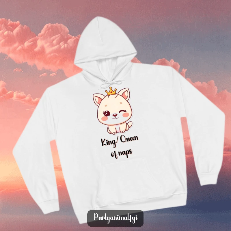 Funny animal character with a knowing wink and a tiny crown, offering warmth and humorous regal vibes in a soft hoodie.