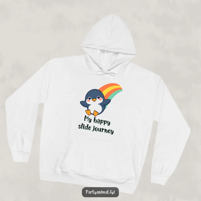 Funny hoodie depicting a determined penguin character mid-slide down a bright rainbow, radiating joy and adventurous spirit.