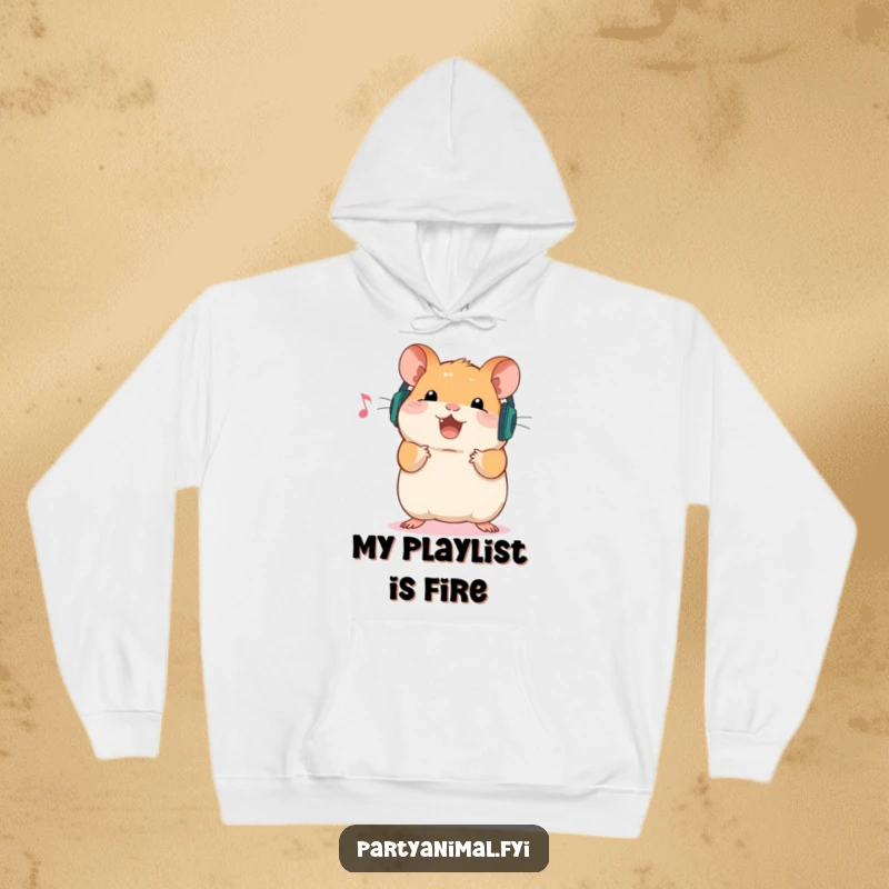 Funny Hoodie featuring a happy hamster wearing headphones, dancing to music, offering warmth and a fun, musical statement for casual wear.