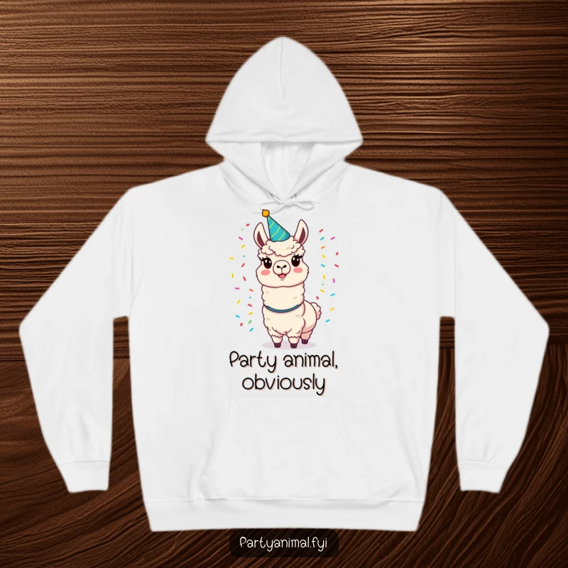 Funny llama hoodie depicting a happy llama in a party hat juggling colorful confetti, perfect for festive occasions.