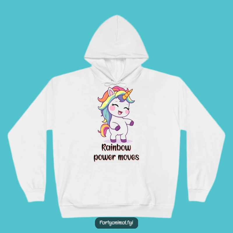 Funny Unicorn Hoodie: Cozy Giggling Rainbow Mane Character in a Silly Dance