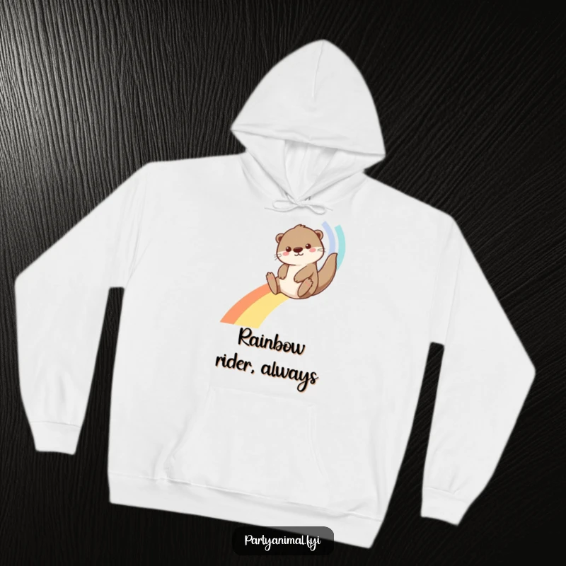 Funny Otter Hoodie: A cheerful otter gleefully slides down a dazzling rainbow made of streamer loops, radiating happiness and playful energy.