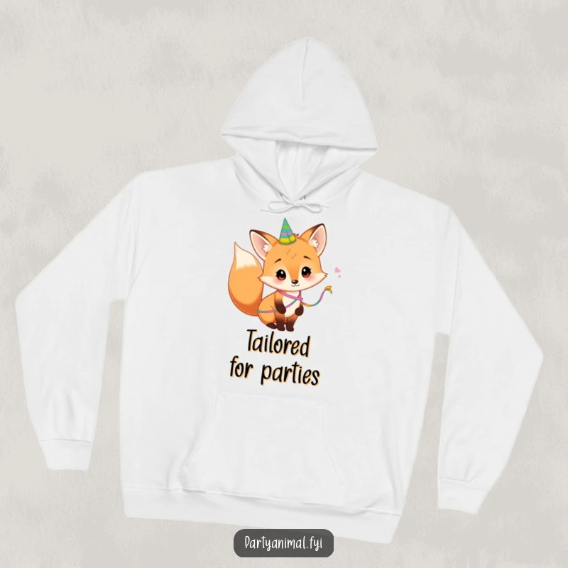Funny Hoodie depicting a curious fox with a party streamer elegantly wrapped around its tail, offering warmth and a touch of playful celebration.