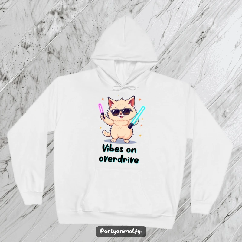 Funny cat hoodie depicting a cool cat in sunglasses dancing energetically with glowing sticks, perfect for rave fans.