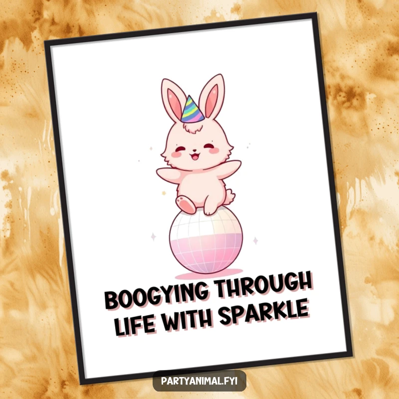 Funny Free Printable Wall Art featuring a fluffy pink bunny in a party hat having a blast, joyfully bouncing on a shiny disco ball.