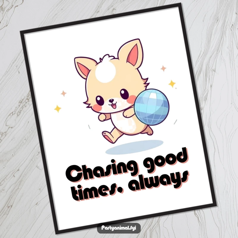 Funny Free Printable Wall Art: A whimsical animal character enthusiastically chasing a radiant disco ball, exuding pure party energy.