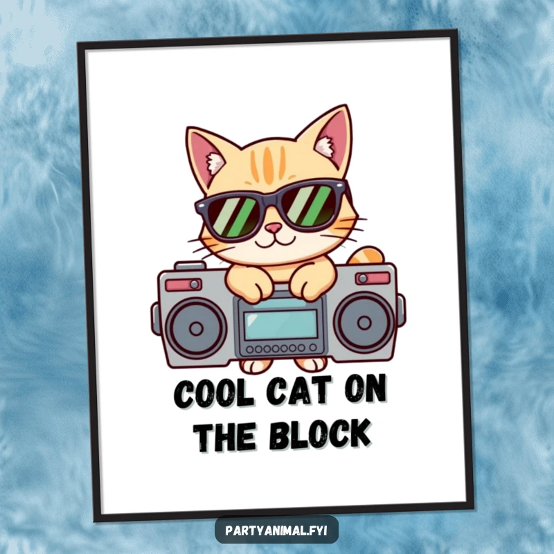 Free Printable Wall Art: A supremely cool cat wearing sunglasses, posing confidently on top of a vintage boombox.