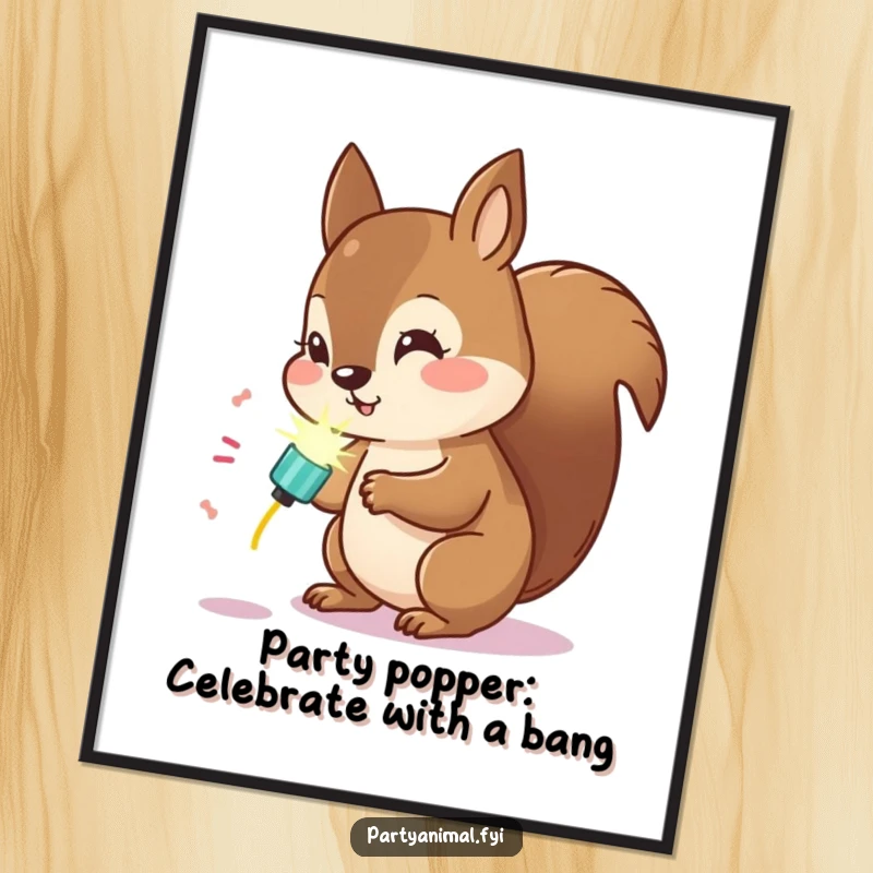 Free Printable wall art of a curious Kawaii squirrel intently examining a brightly glowing party popper, full of intrigue.