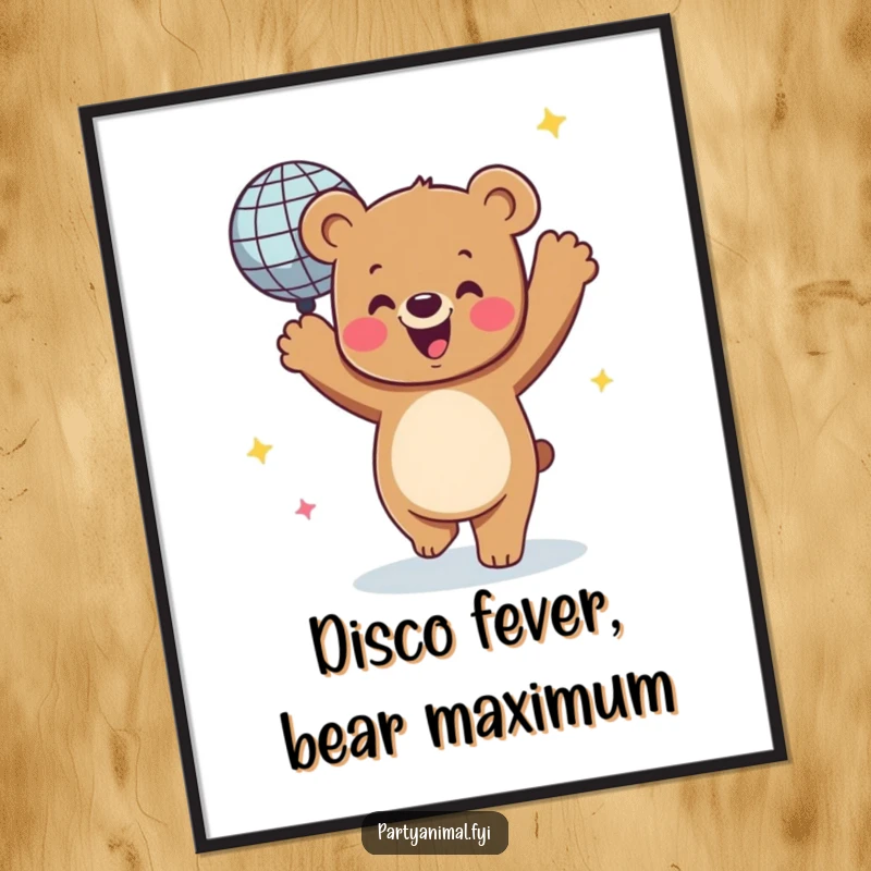 Free Printable Wall Art: A jubilant bear in full dance mode, grooving beneath a vibrant, spinning disco ball.