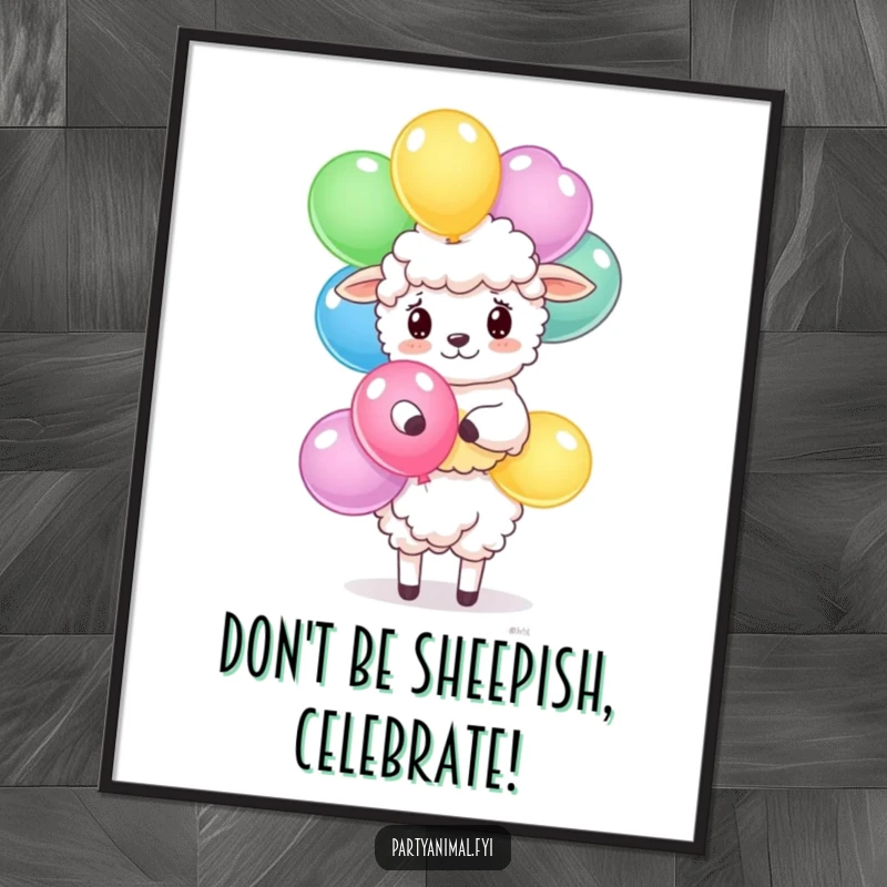 Funny Free Printable Wall Art: Fluffy sheep balancing a precarious stack of colorful balloons, charming downloadable art.