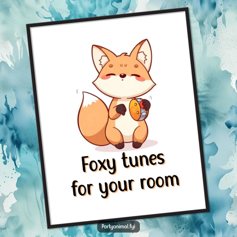 Funny Free Printable Wall Art: A fox joyfully playing a tambourine, captured mid-beat with vibrant, energetic strokes.