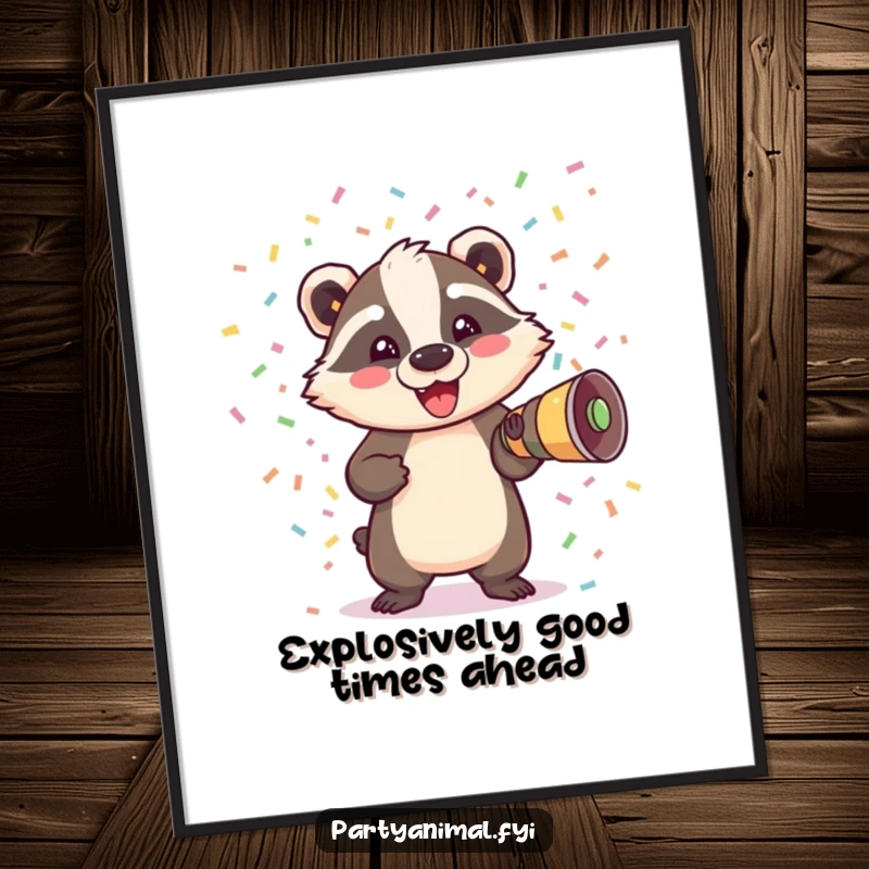 Funny Free Printable Wall Art of a delighted badger character exploding outwards from a confetti cannon.