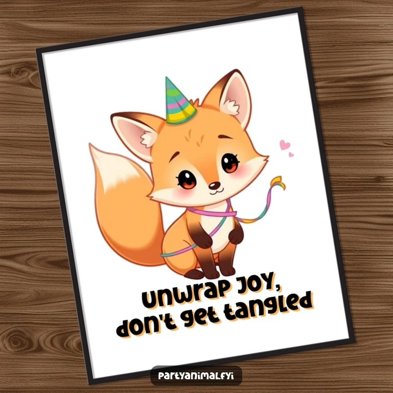 Funny Free Printable Fox Wall Art: A curious fox with a vibrant party streamer wrapped around its tail.