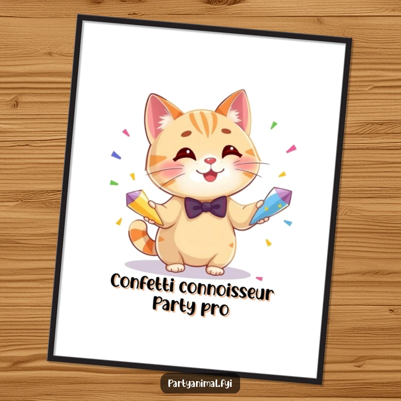 Funny free printable wall art of a smiling cat in a bow tie, juggling colorful confetti cones, adding a whimsical and joyful vibe.