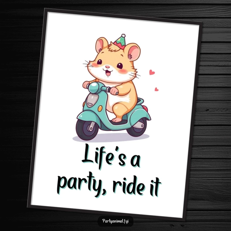 Funny Free Printable Wall Art depicting a cheerful hamster character riding a tiny, decorated party scooter with a grin.