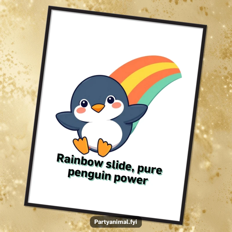 Free Printable Wall Art: A penguin with a determined grin slides with glee down a vibrant, arcing rainbow.