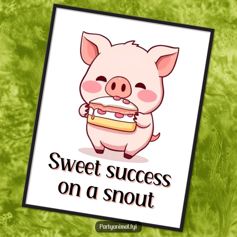 Funny Free Printable Wall Art: A blushing pig character masterfully balances a slice of cake on its snout.