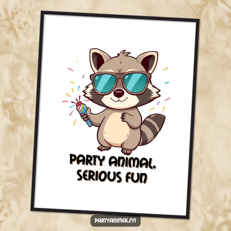 Funny Free Printable Wall Art: Mischievous raccoon sporting sunglasses pops confetti, radiating party-ready energy.