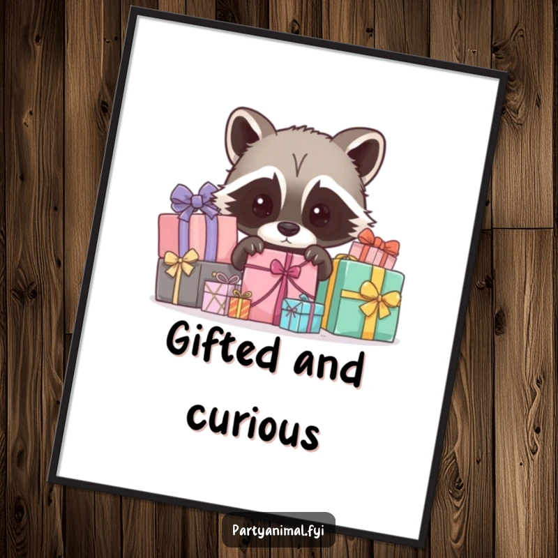 Funny Free Printable Wall Art: A curious raccoon character is cleverly peeking out from behind a pile of wrapped gifts.