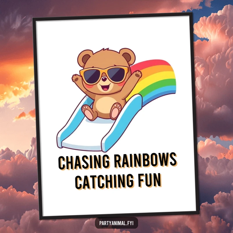 Funny free printable wall art of a bear wearing oversized sunglasses, gleefully sliding down a rainbow, radiating pure fun and joy.