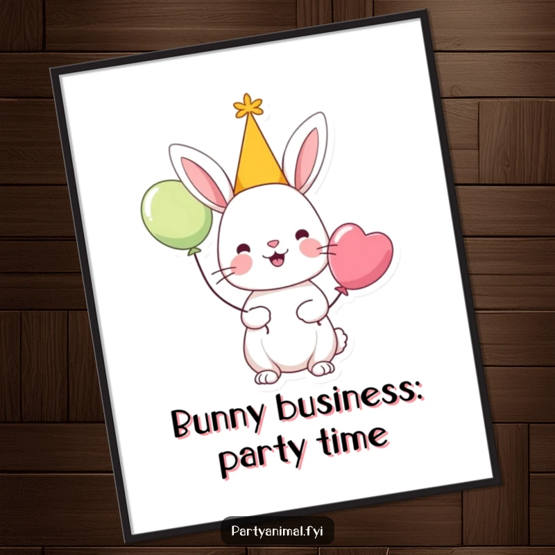 Funny Free Printable Wall Art: A cheerful rabbit character wearing a party hat and holding a festive balloon.