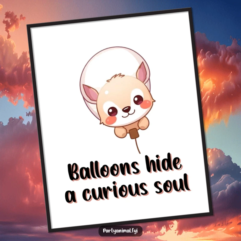 Funny Free Printable Wall Art: A sweet, curious animal character peeking out from behind a large, colorful balloon, creating a charming scene.