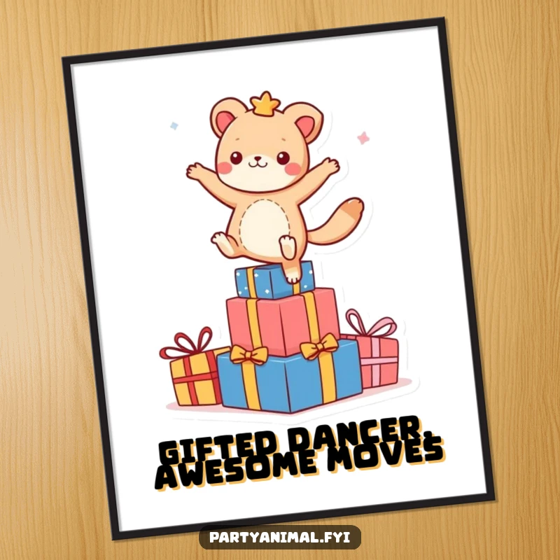 Funny Free Printable Wall Art: An agile animal dances gleefully on a stack of colorful presents, vibrant downloadable art.