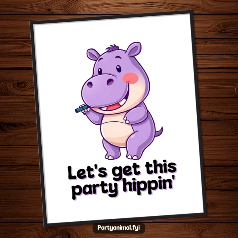 Funny Free Printable Wall Art: Purple Hippo Character Twirling a Noisemaker with a Wide Smile, Festive Party Decor